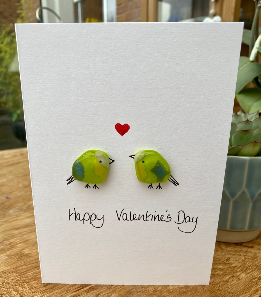 Fused glass love birds Valentine’s card