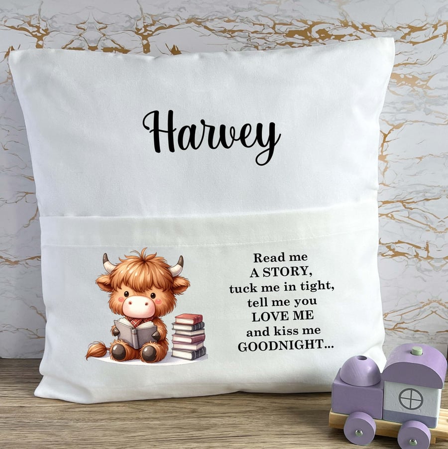 Personalised Highland Cow Book Pocket Cushion, Read Me A Story Reading Cushion