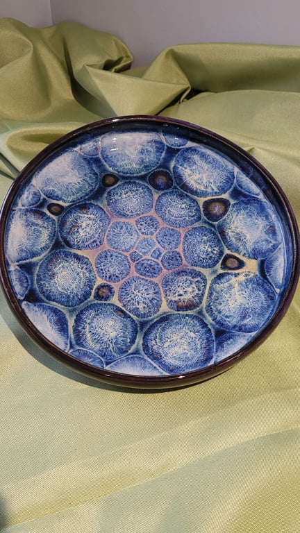 Large patterned blue, black and purple plate handmade pottery