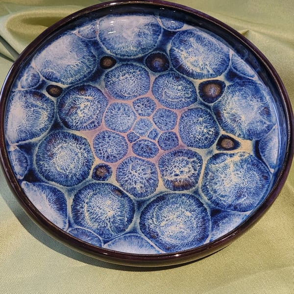 Large patterned blue, black and purple plate handmade pottery
