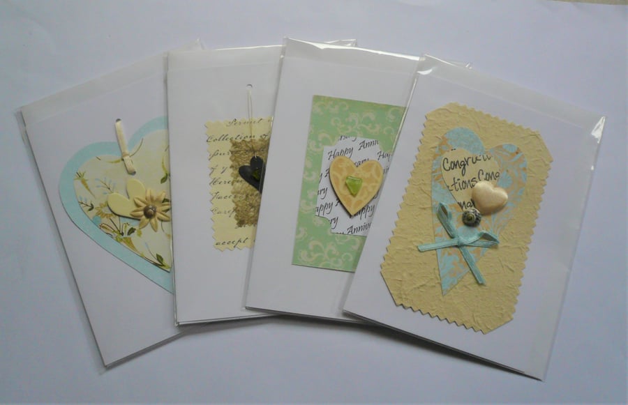 4 Pack HEARTS Greetings Cards Pastel Colours Sea Shell Sea Glass Embellished 
