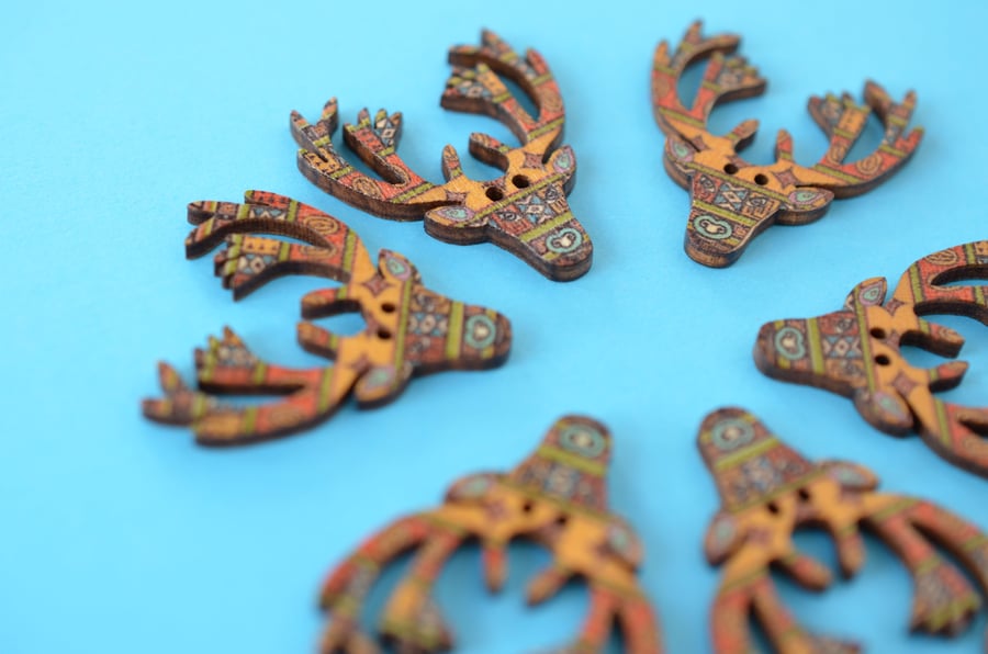 Wooden Stag Buttons Aztec Pattern 6pk 30x30mm Deer Antlers (STG7)