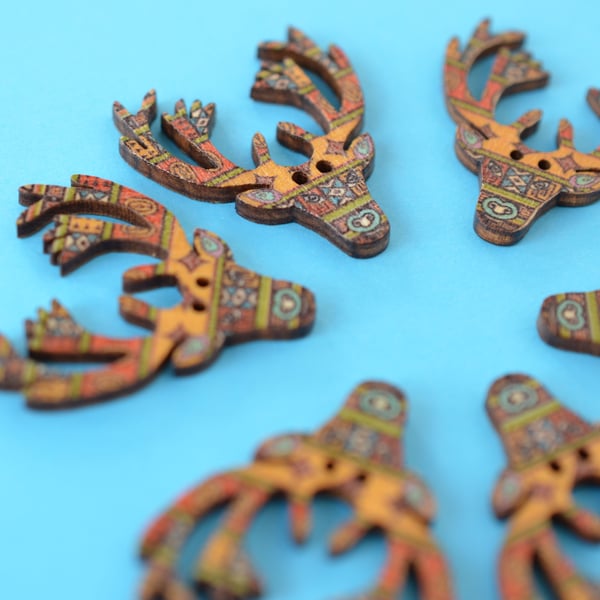 Wooden Stag Buttons Aztec Pattern 6pk 30x30mm Deer Antlers (STG7)