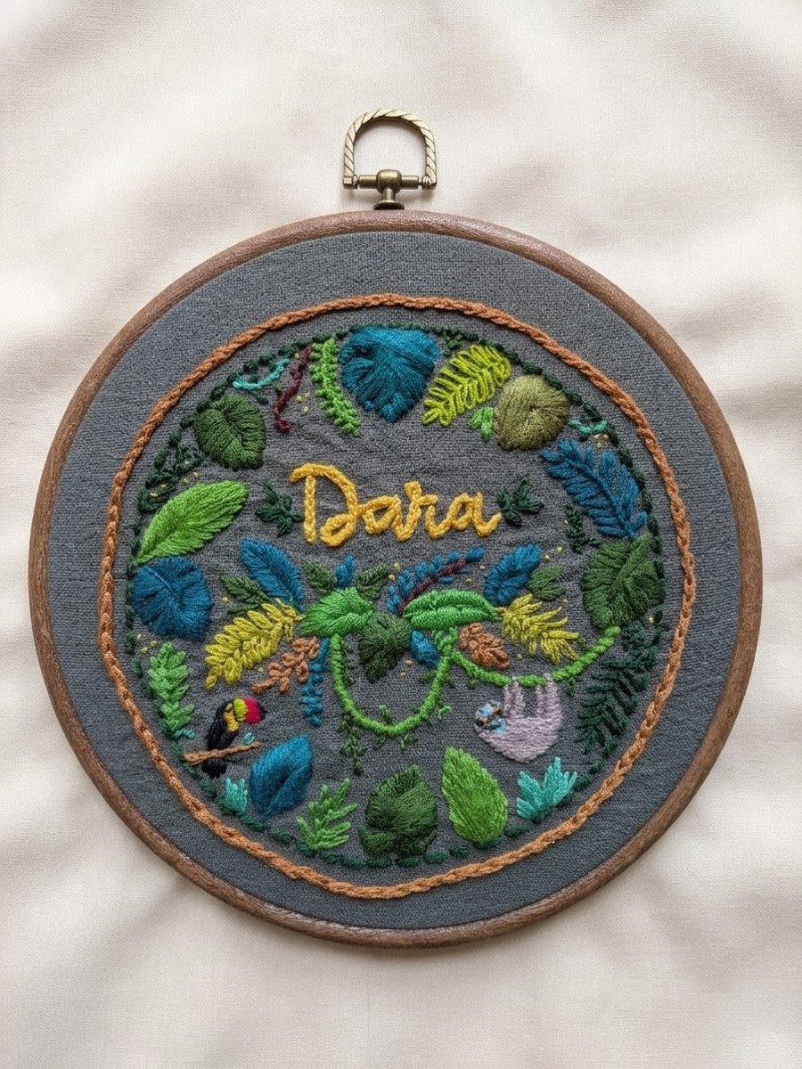 Hand-Embroidered Heirloom Name Sign - Bespoke Botanical Jungle Nursery Art