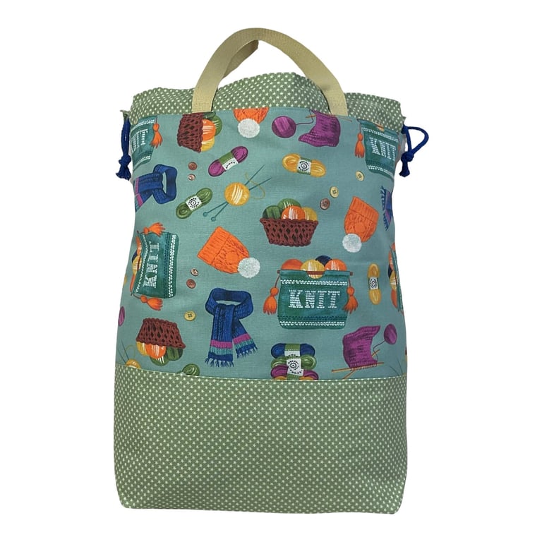 XXL drawstring knitting bag with knitting objects print, supersized 