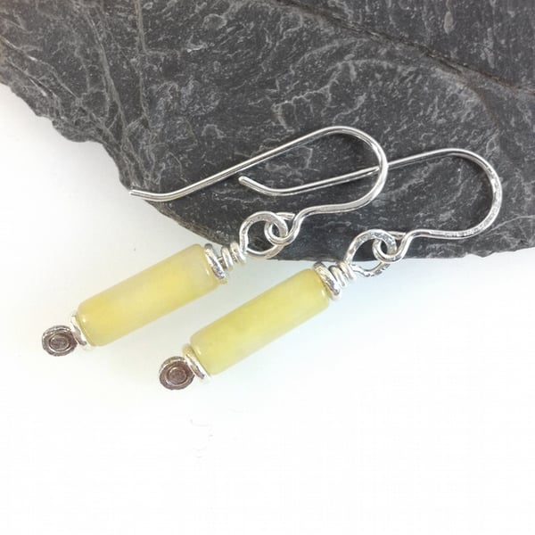 Scrolls pale yellow jade and silver earrings