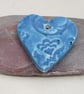 Medium Cornflower Blue Brocade Texture Heart Shaped Ceramic Pendant - Image 1