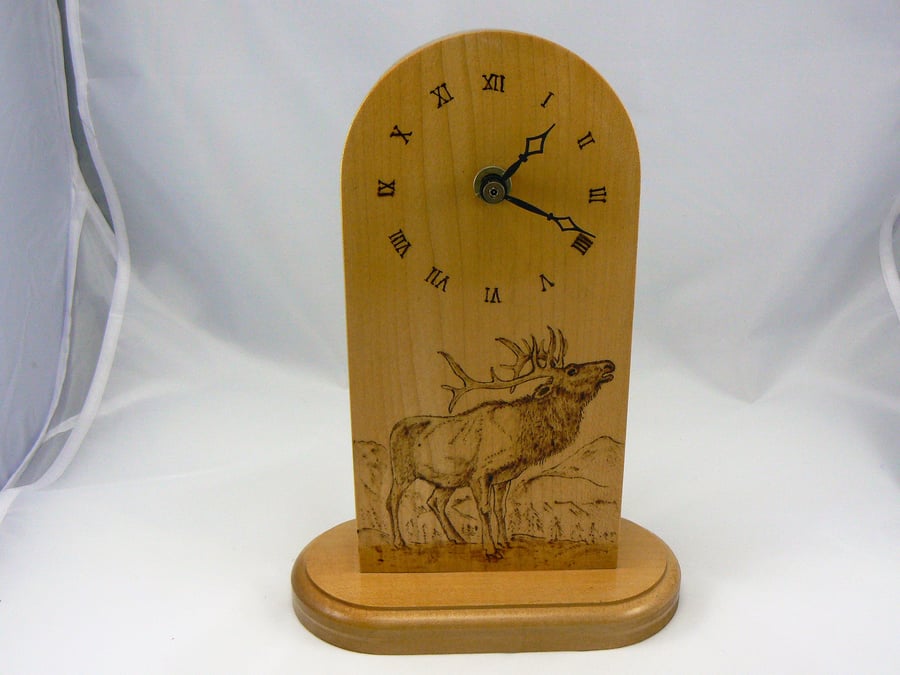 Mantle clock with pyrographed stag on