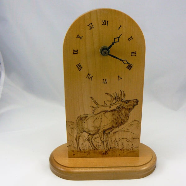 Mantle clock with pyrographed stag on