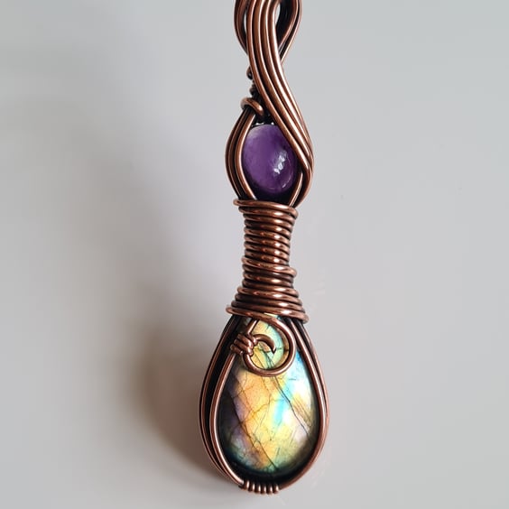 Natural Labradorite & Amethyst Copper Statement Pendant Necklace Gift Crystal 