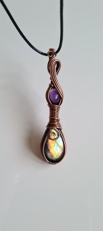 Natural Labradorite & Amethyst Copper Statement Pendant Necklace Gift Crystal 