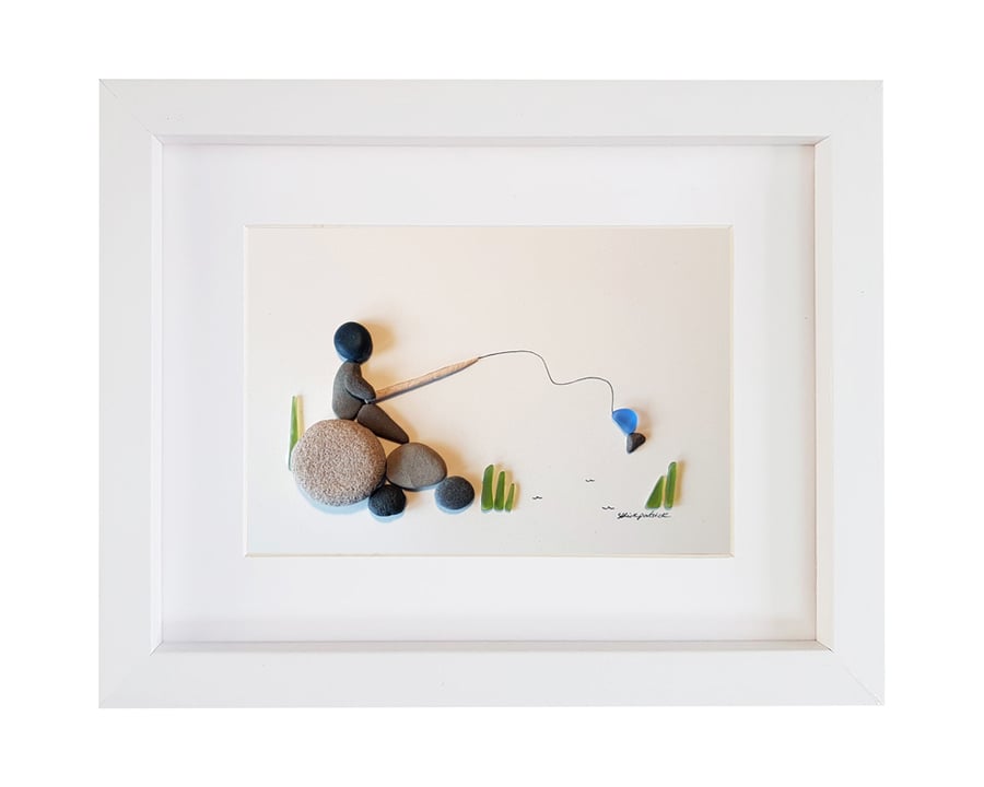 Fishing - Sea Glass and Pebble Picture - Framed Unique Handmade Art