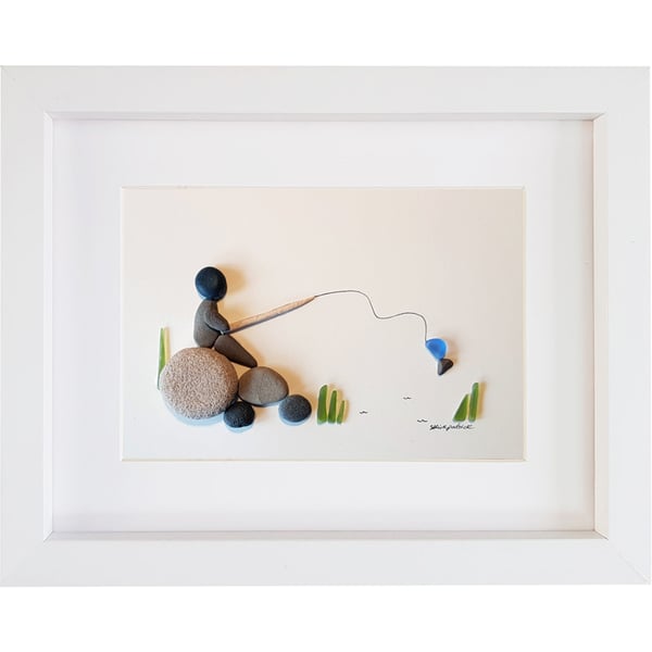 Fishing - Sea Glass and Pebble Picture - Framed Unique Handmade Art