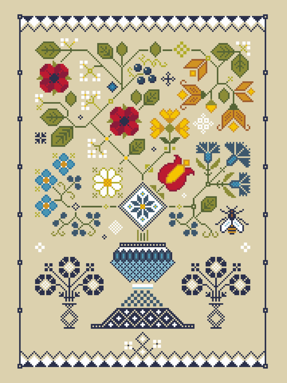 096 Cross Stitch Fraktur Wild Flowers in Vase, American German Primitive Sampler