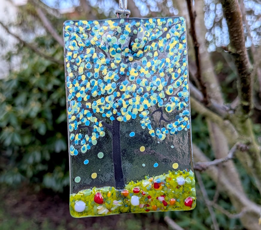 Artist made Fused Glass Spring Tree Suncatcher.