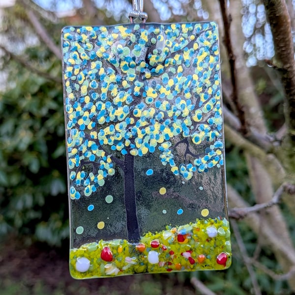 Artist made Fused Glass Spring Tree Suncatcher.