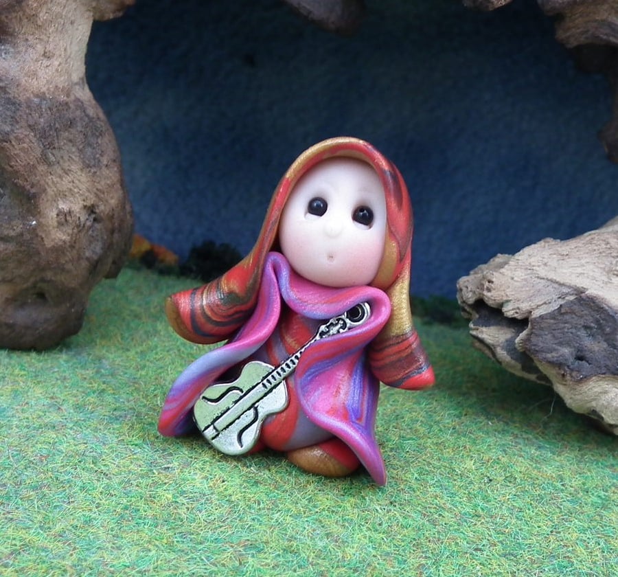 Tiny Guitarist Gnome 'Renne' with metal guitar OOAK Sculpt Ann Galvin