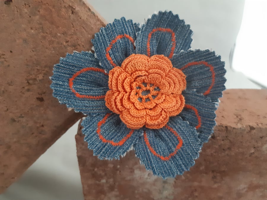 Denim Flower Brooch - Orange Detail