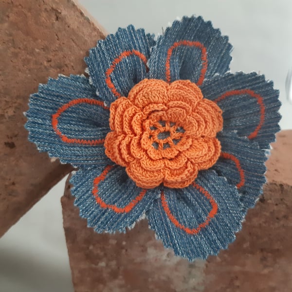 Denim Flower Brooch - Orange Detail