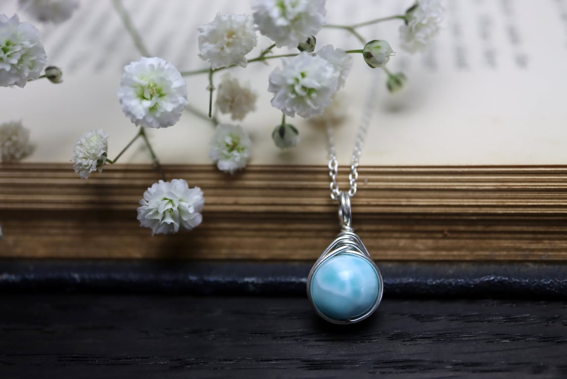 Larimar Necklace Wire Wrapped in Sterling Silver