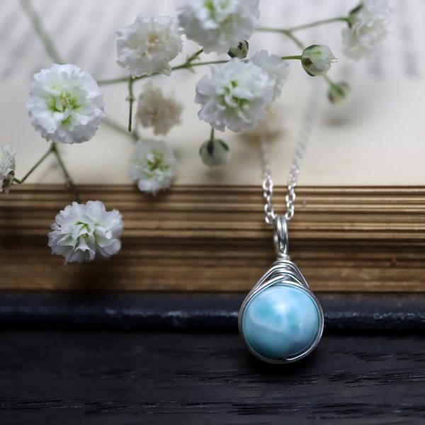 Larimar Necklace Wire Wrapped in Sterling Silver