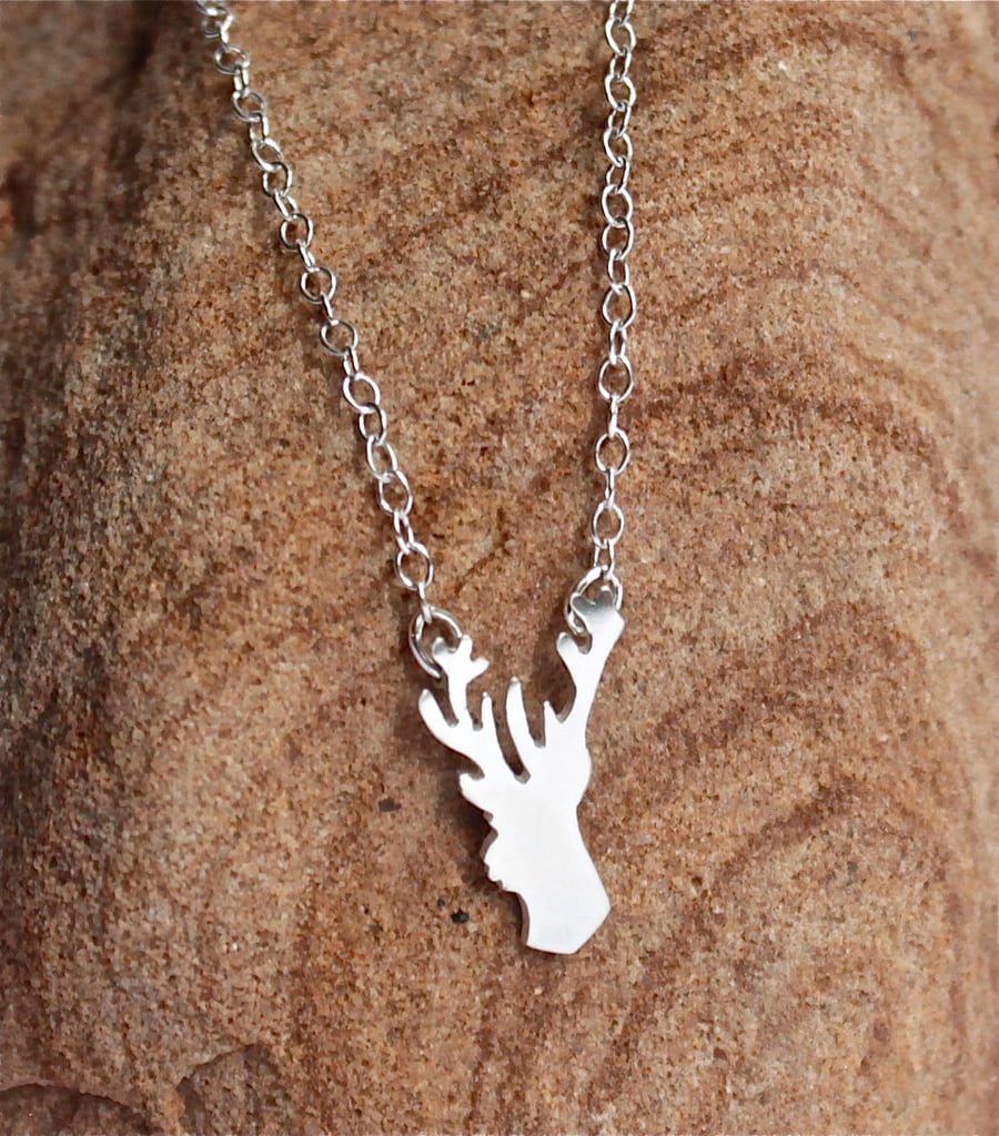 Stag Head Necklace - Sterling Silver Stag Necklace - Silver Stag on a Chain