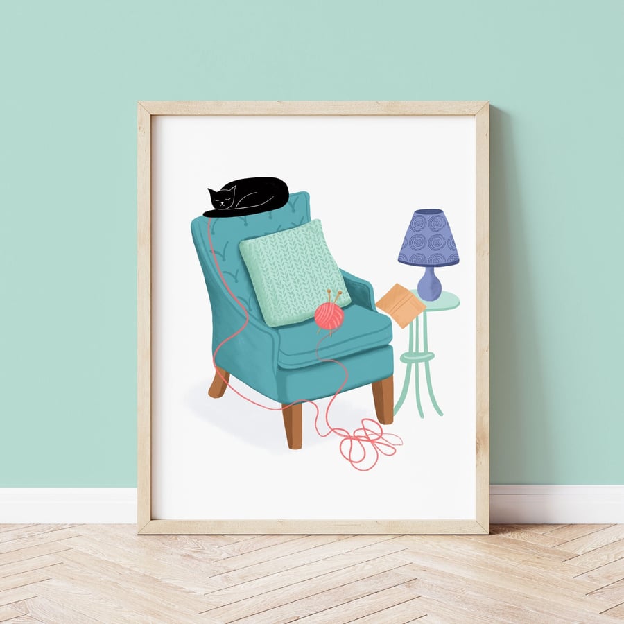 Cat on Chair Art Print, Knitting Art Print, Cats and Knitting