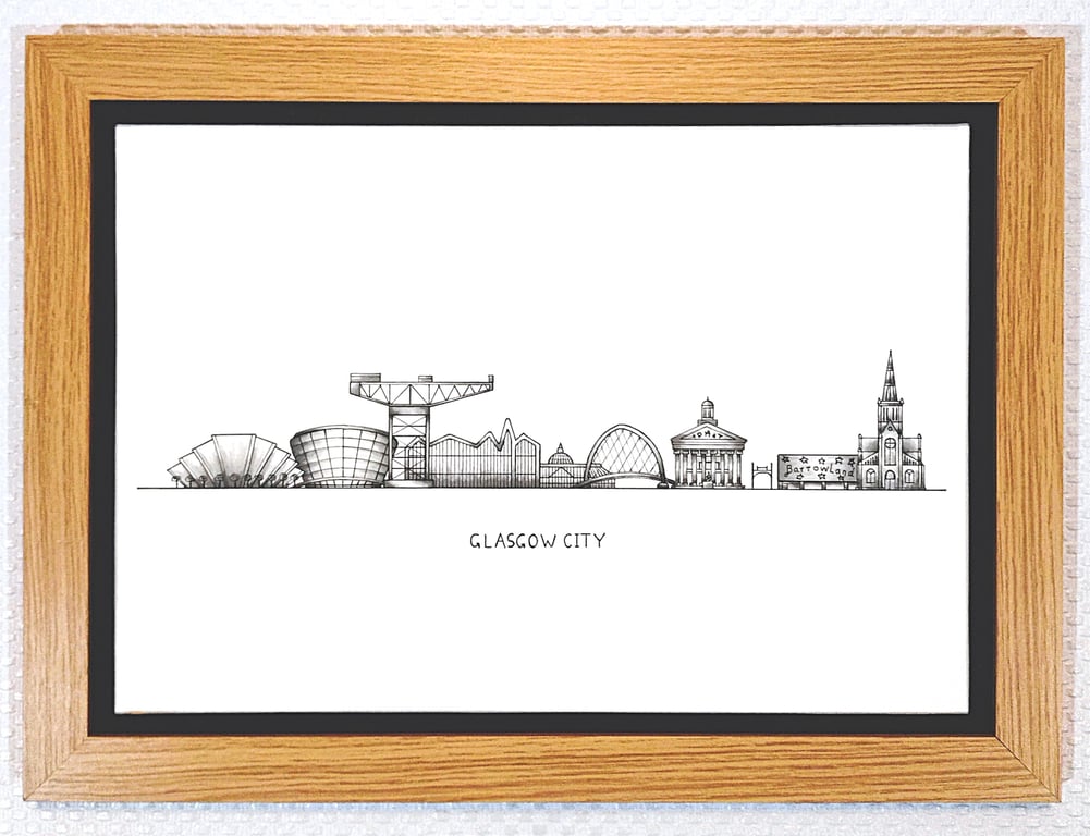 Glasgow Cityscape Handmade Unique Framed A3 Print Black Border Wallart Gift