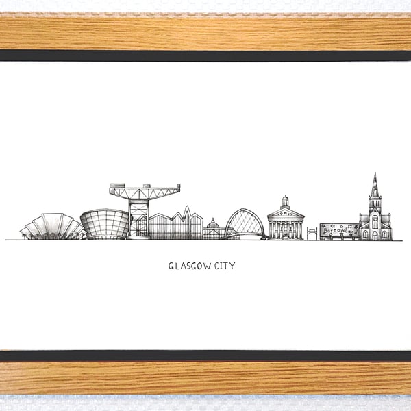 Glasgow Cityscape Handmade Unique Framed A3 Print Black Border Wallart Gift