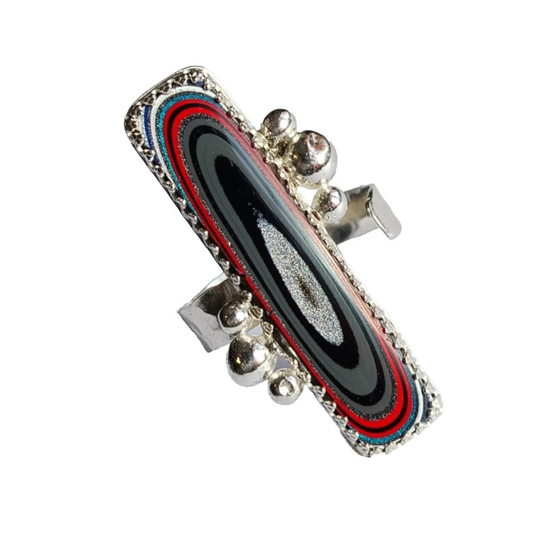 Silver Ring Fordite Jewellery Gift Adjustable Rectangle Black Red Sterling .925