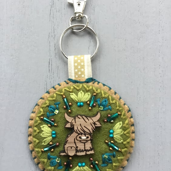 Hand Embroidered Highland Cow Keyring or Bag Charm