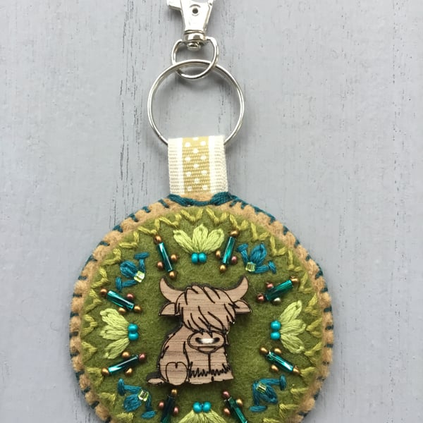 Hand Embroidered Highland Cow Keyring or Bag Charm