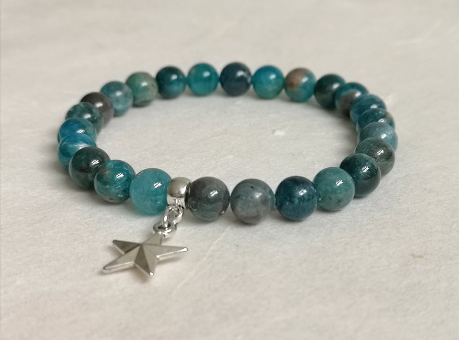 Apatite semi precious bead stretch elastic bracelet with star charm