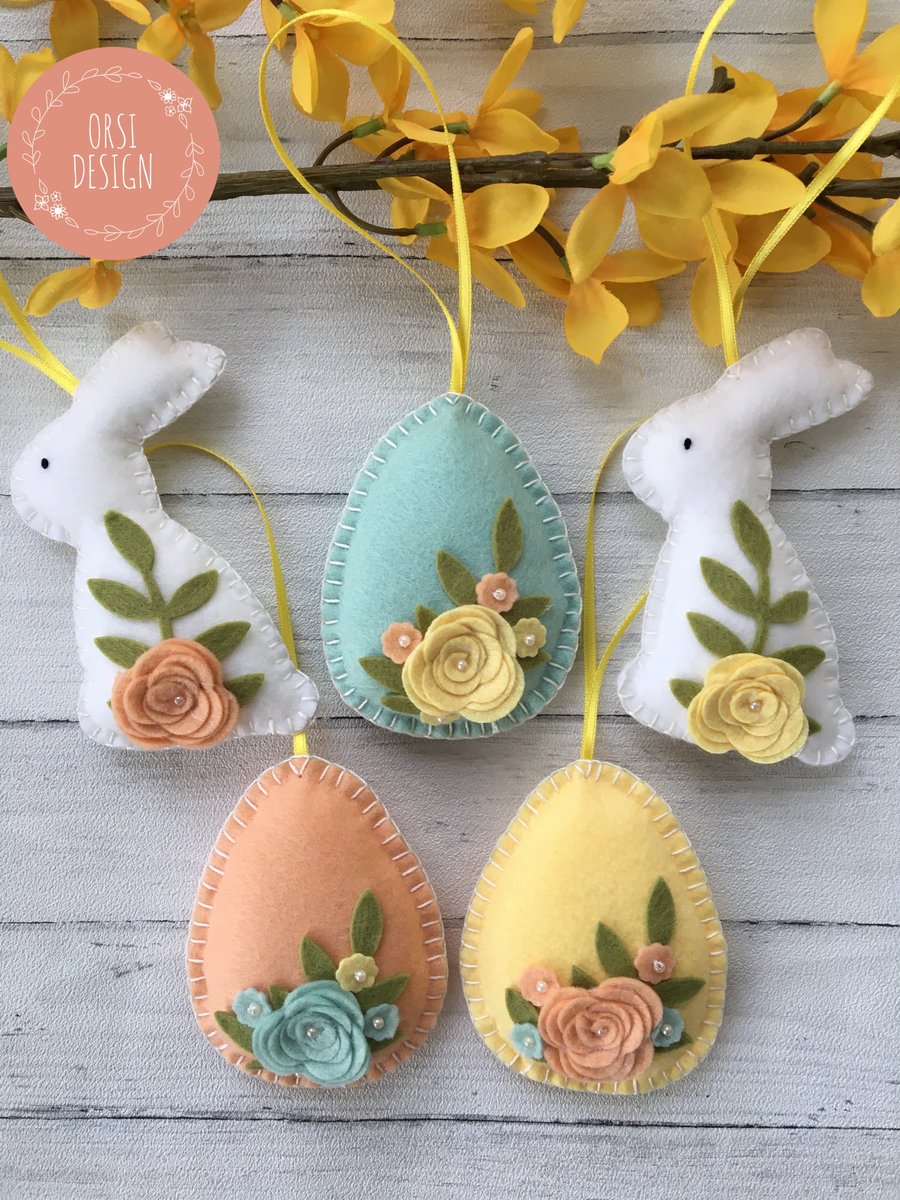 PRE ORDER - Set of 5 felt hanging Easter ornament, Easter eggs and bunnies