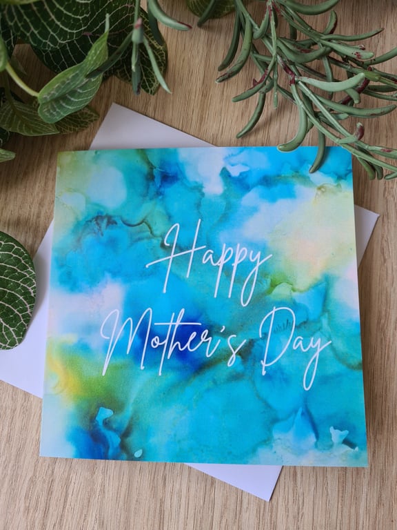 Alcohol ink print blue green yellow Mother's Day card