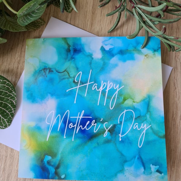 Alcohol ink print blue green yellow Mother's Day card
