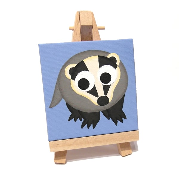 Badger Miniature Painting on Easel - cute original art of British wildlife