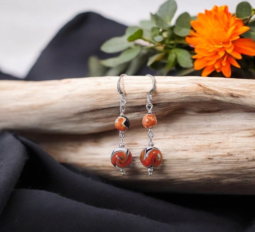 Fire Agate beaded earrings, protective stone jewellery, orange earrings, dragon 