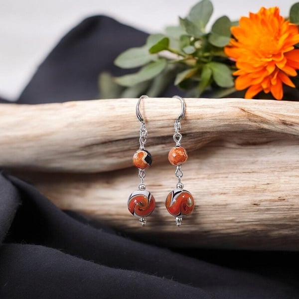 Fire Agate beaded earrings, protective stone jewellery, orange earrings, dragon 