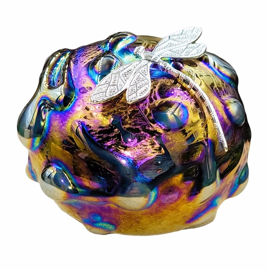 IRIDESCENT GLASS PAPERWEIGHT display ornament glassware with dragonfly