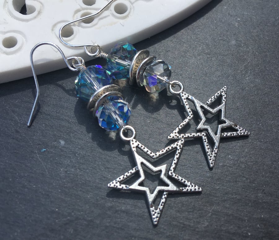 Long Tibetan Silver Stars and Crystal Stacked Earrings 