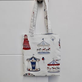 Tote bag funfair fairground scene with long handles cream heart lining