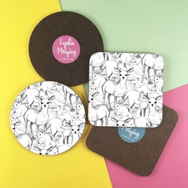 Round or Square Coaster with Woodland Design, A pattern of Forrest Friends