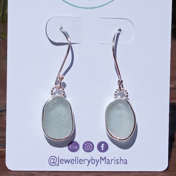 Sterling Silver & Fine Silver Handmade Cornish Seaglass Earrings in Aquamarine
