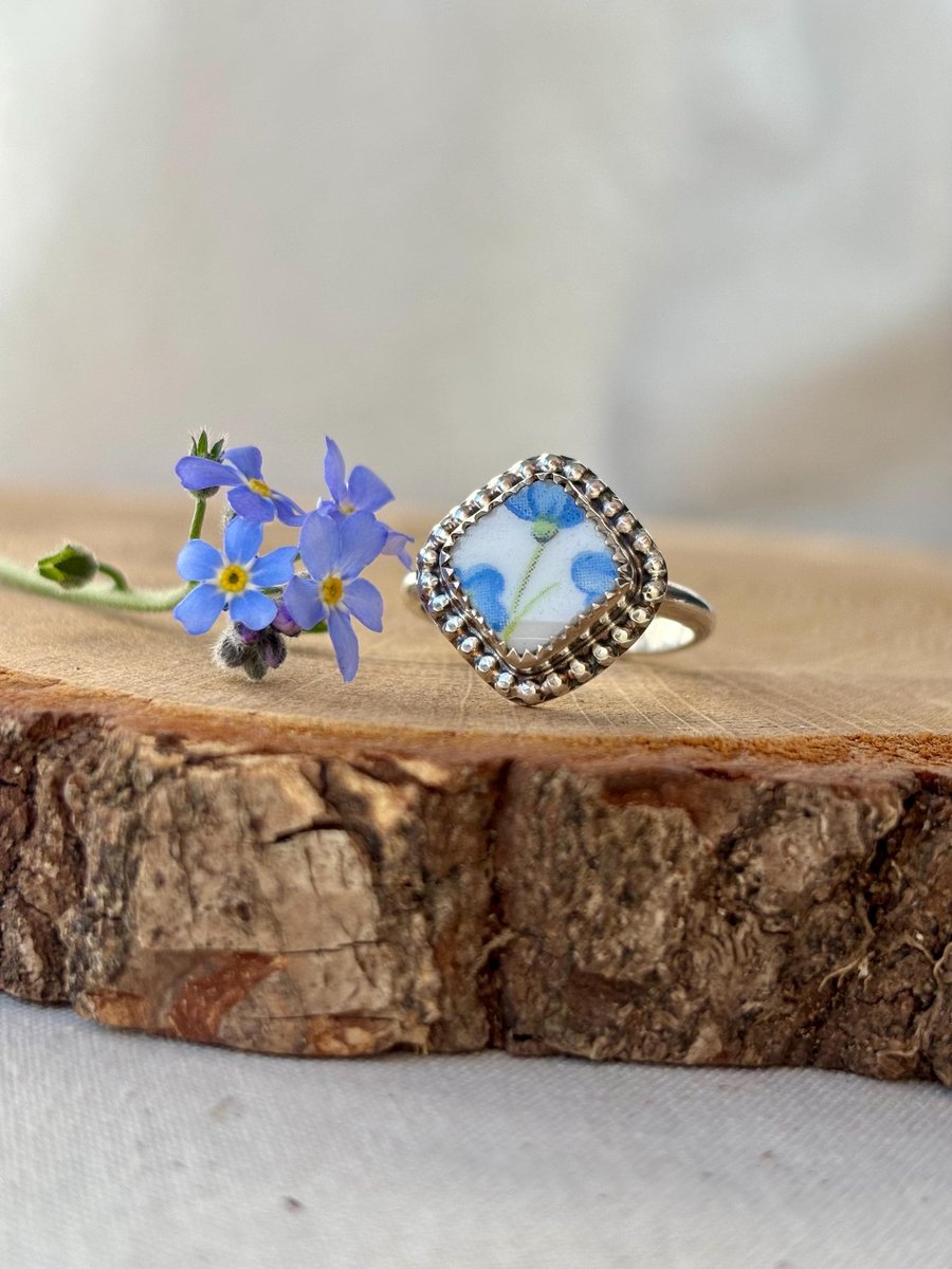 Forget me not ring, Recycled pottery rings, Sterling silver ring,