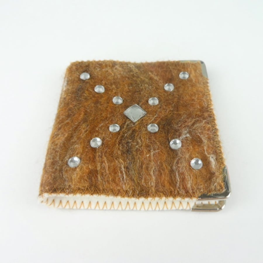 Brown felted needle book with acrylic gems, sewing kit with accessories