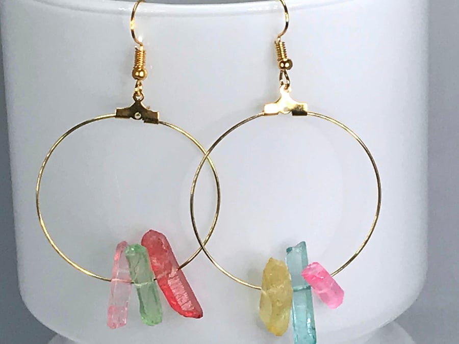 RAINBOW QUARTZ HOOPS creole hoops pastel colours mismatched gold hoops kawaii cu