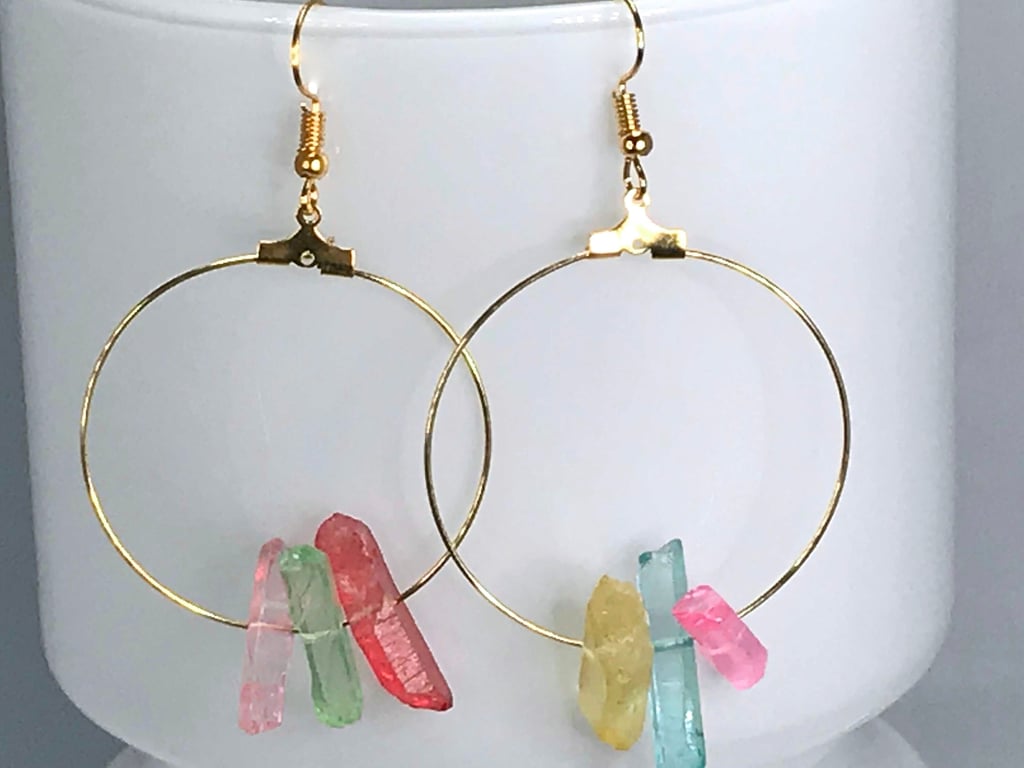 RAINBOW QUARTZ HOOPS creole hoops pastel colours mismatched gold hoops kawaii cu
