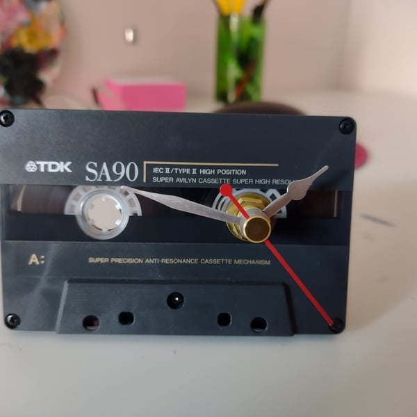 Upcycled desk clock made from 80s cassette tape, Vintage geek chic room decor