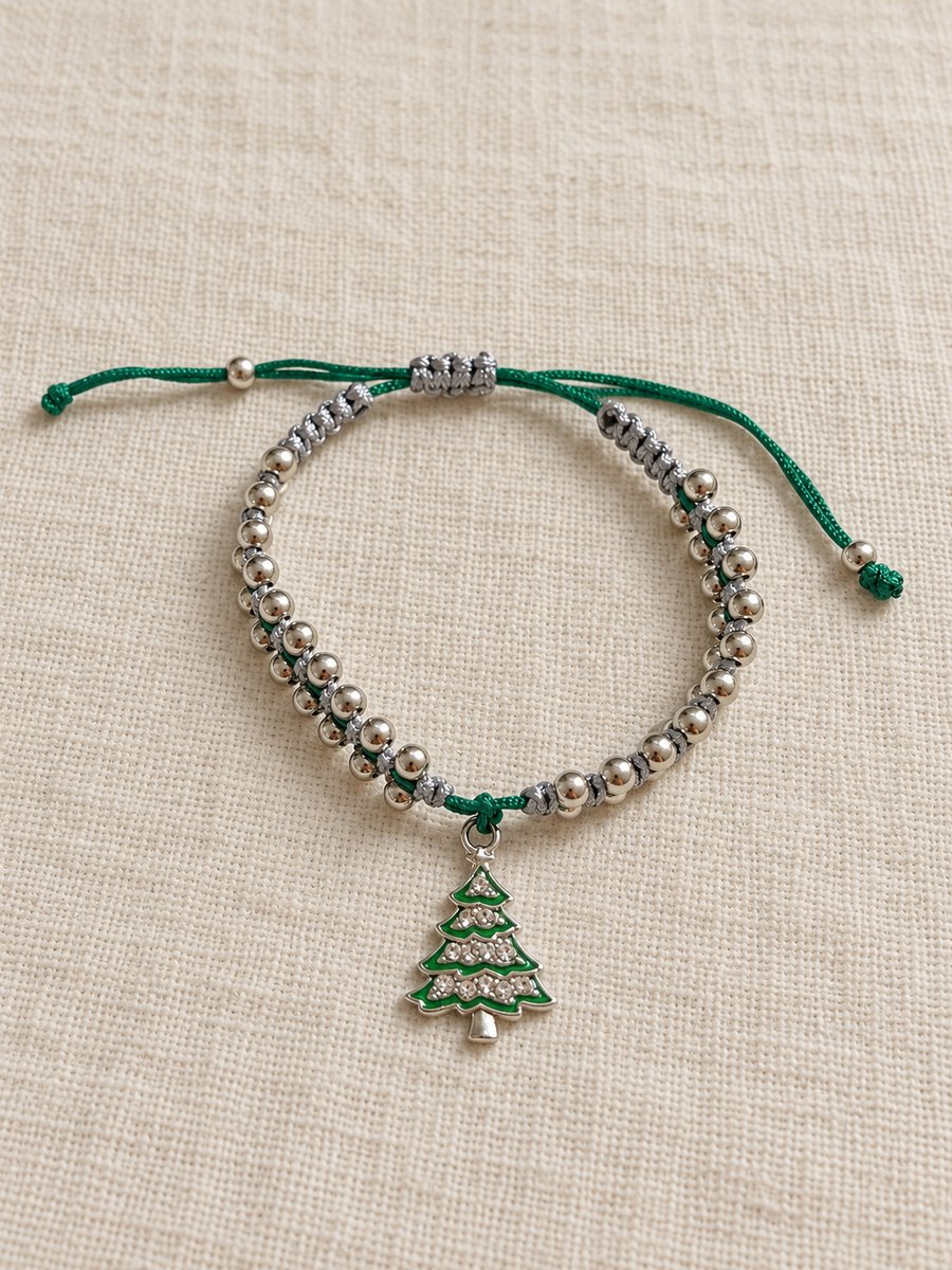 Children's Christmas Tree Macramé Bracelet – Green & Silver, Adjustable